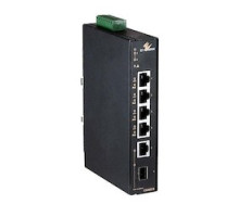 ETHERWAN SYSTEMS EX45915-V  6 Port Hardened -40C - 75C Unmanaged Gigabit Switch with 4 PoE+ 802.3at 30W ports + 1 Gigabit RJ45 + 1 Gigabit SFP uplink port. Din Rail Mount, Power Terminal Block 24 - 48VDC, Power supply sold separately.