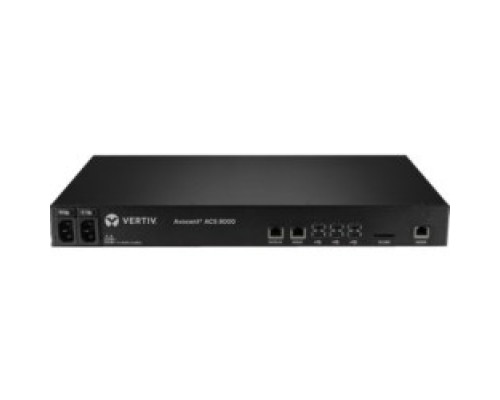 VERTIV ACS8008DAC-400   Vertiv Avocent ACS 8000 8-port Serial Console Server, Dual AC Power - 1 GB - DDR3 SDRAM - Twisted Pair, Optical Fiber - 2xNetwork RJ-45 - 8xUSB - 8xSerial Port - 10/100/1000Base-T, 1000Base-X - Gigabit Ethernet - Rack-