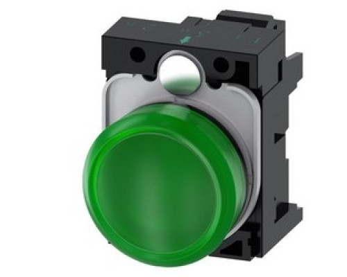 SIEMENS  3SU1102-6AA40-33A0      Indicator Lights, 22 mm, Round, Plastic, Green, Lens, Smooth, With Holder, Led Module, With Integrated Led 24 VAC/DC, Spring-Type Terminal