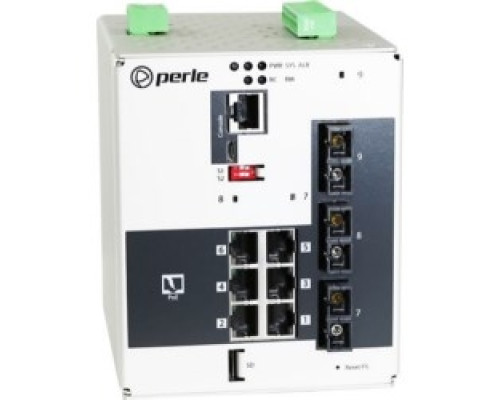 PERLE SYSTEMS  07016830      Industrial Managed PoE Switch, 9 Ports, 6 x 10/100/1000Base-T Base-T RJ-45 Ports, all of which are PoE/PoE+ capable And 2 x 100Base-LX, 1310nm Single-mode Port With Duplex SC Connector And 1 x 100Base-ZX