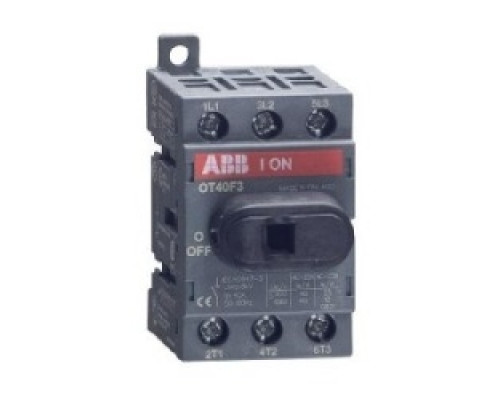 ABB  OT40F3      Non-Fused Disconnect Switch, 40 Amp, Base and DIN Rail Mounted. 3-Pole AC. UL 508. For use with 6 mm Shafts and Handles.