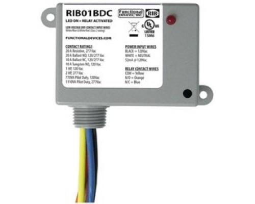 FUNCTIONAL DEVICES  RIB01BDC               Enclosed Relay, 2-Dry Contact Input, SPDT, 120 Volt AC, 20 Ampere, 1.8 Second Operating Time, 3.2