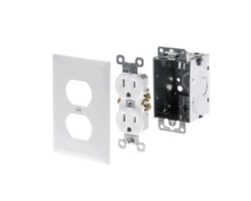 ON-Q/LEGRAND  F7526      Duplex Power Kit, NEMA 5-15R, 125 Volt AC, 15 Ampere, Metal, White, Includes Tamper-Resistant Duplex Outlet, Metal Junction Box, Faceplate Kit