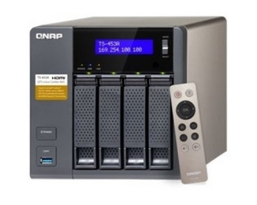 QNAP SYSTEMS  TS-453A-4G-US      Network Attached Storage, 1.6 Gigahertz Quad Core CPU, 4 GB System Memory, 512 MB Flash Memory, RJ45 Ethernet Port, 240 Volt AC, 7.09