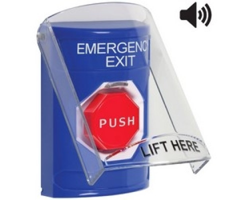 SAFETY TECHNOLOGY INTL SS24A2EX-EN   Pushbutton Switch, Multi-Purpose, Flush/Surface Cover, Shield with Sound, Key-To-Reset Illuminated Switch Configuration, Emergency Exit Legend, English Language, Blue