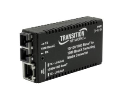 TRANSITION NETWORKS M/GE-PSW-SX-01 ST -NA   Mini Gigabit Ethernet Media Converter. 10/100/1000Base-T RJ-45 [100 M/328 Ft.] To 1000Base-Sx 850nm Multimode St [62.5/125 µm Fiber: 220 M/722 Ft.] Link Budget: 7.0 dB