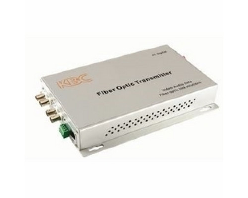 KBC NETWORKS  FDVA4-DB1-S1T-WSA      4-ch point-to-point simplex video transmitter, 1-ch duplex data, 1 fiber, 1310/1550 nm single-mode, 15 dB optical loss budget. Desktop unit, ST connector, US power plug.