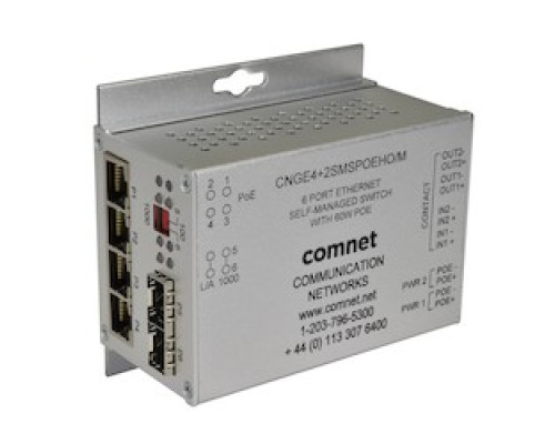 COMNET COMMUNICATION NETWORKS  CNGE4+2SMSPOEHO/M      Small Surface Mount 6 Port Gigabit Ethernet Self-managed Switch, 2 SFP FX, 4TX with 60W of PoE+ power, 2 Contact Closure
