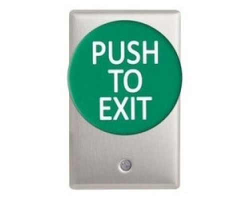CAMDEN DOOR CONTROL  CM-5085GPTE      Door Activation Device Push/Exit Switch, 1-Gang, Mushroom, Spring Return, DPST, 12/24 Volt DC, PUSH TO EXIT Legend, 1 to 60 Second, Brushed Aluminum Plate, Green, With Faceplate
