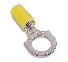 THOMAS & BETTS  RC863U               Nylon Insulated Ring Terminal with 90 Degree Bend, Length 1.00in, Width 0.37in, Max Insulation 0.210, Bolt Hole #8, Wire Range #12-#10 AWG, Yellow, Copper, Tin Plated, 500 Pack
