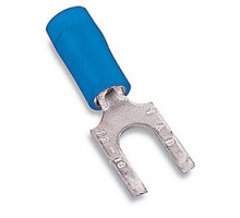 THOMAS & BETTS  RB1203               Nylon Insulated Fork Terminal with Flanged Tongue, Length 0.74in, Width 0.28in, Max Insulation 0.162, Bolt Hole #6, Wire Range #18-#14 AWG, Blue, Copper, Tin Plated, 1,000 Pack