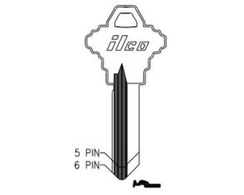 KABA ILCO CORP  1145G NP A09  AA43252032              Cylinder Lock Key Blank, 5-Pin, Brass, Nickel Plated, 9 Price Group, For Schlage