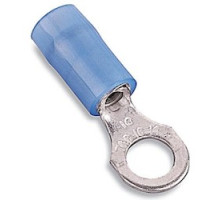 THOMAS & BETTS  RB863UFR               Nylon Insulated Ring Terminal with 45 Degree Reverse Bend, Length 0.89in, Width 0.31in, Max Insulation 0.162, Bolt Hole #8, Wire Range #18-#14 AWG, Blue, Copper, Tin Plated, 1,000 Pack