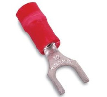 THOMAS & BETTS  RA1103M               Nylon Insulated Fork Terminal, Length 0.83in, Width 0.25in, Max Insulation 0.136, Bolt Hole #6, Wire Range #22-#16 AWG, Red, Copper, Tin Plated, On Mylar Tape