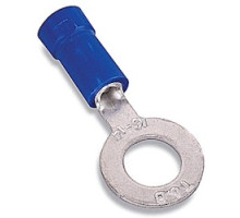 THOMAS & BETTS  RB717-200M               Expanded Vinyl Insulated Ring Terminal, Length 1.14in, Width 0.50in, Max Insulation 0.200, Bolt Hole 1/4in, Wire Range #18-#14 AWG, Blue, Copper, Tin Plated, On Mylar Tape, 1,000 Pack