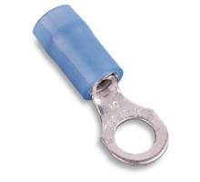 THOMAS & BETTS  RB713M               Nylon Insulated Ring Terminal, Length 1.08in, Width 0.47in, Max Insulation 0.162, Bolt Hole 1/4in, Wire Range #18-#14 AWG, Blue, Copper, Tin Plated, On Mylar Tape, 1,000 Pack