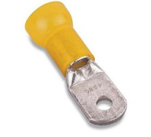 THOMAS & BETTS  RF10731U               Nylon Insulated Large Ring Terminal with 90 Degree Bend, Length 1.80in, Width 0.82in, Max Insulation 0.380, Bolt Hole 3/8in, Wire Range 4AN, Yellow, Copper, Tin Plated