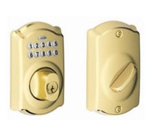 SCHLAGE ALLEGION BRAND  BE365 CAM 505 12-287 10-116        Door Lock Keypad Deadbolt, Camelot Lever, Lifetime Bright Brass, With Triple Latch, Round Corner Strike