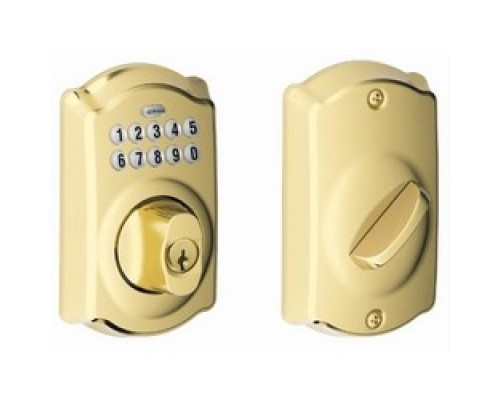 SCHLAGE ALLEGION BRAND  BE365 CAM 505 12-287 10-116        Door Lock Keypad Deadbolt, Camelot Lever, Lifetime Bright Brass, With Triple Latch, Round Corner Strike