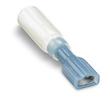 THOMAS & BETTS  RBS14-250AX               Heat Shrinkable Fully Insulated Female Disconnect Terminal, Length 1.77in, Max Insulation .200, Tab Size .250x.032, Wire Range #16-#14 AWG, Color Blue, Copper, Tin Plated