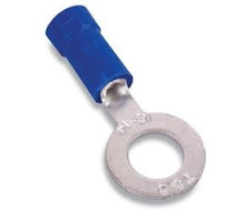 THOMAS & BETTS  RB857-200M               Expanded Vinyl Insulated Ring Terminal, Length 0.97in, Width 0.31in, Max Insulation 0.200, Bolt Hole #6, Wire Range #18-#14 AWG, Blue, Copper, Tin Plated, On Mylar Tape, 1,000 Pack