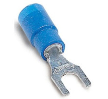 THOMAS & BETTS  RB657-200M               Expanded Vinyl Insulated Fork Terminal, Length 0.97in, Width 0.31in, Max Insulation 0.200, Bolt Hole #8, Wire Range #18-#14 AWG, Blue, Copper, Tin Plated, On Mylar Tape, 1,000 Pack