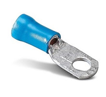 THOMAS & BETTS  REV727               Vinyl Insulated Large Ring Terminal, Length 1.76in, Width 0.61in, Max Insulation 0.420, Bolt Hole 5/16in, Wire Range 6, Blue, Copper, Tin Plated, 200 Pack