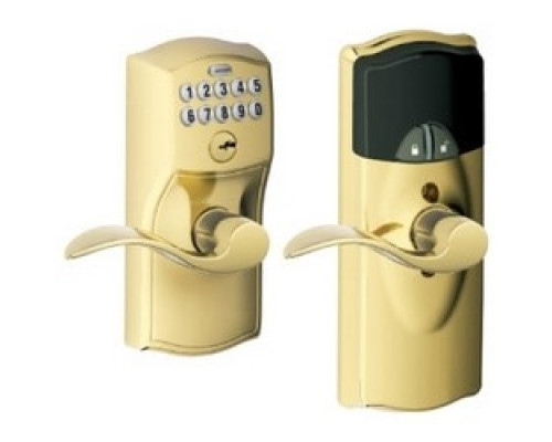 SCHLAGE ALLEGION BRAND  FE599NX CAM/ACC 505 16-211 10-027        Door Lock Keypad Lever, 1 Key, 5-Pin Cylinder, Camelot/Accent Lever, Lifetime Bright Brass, With Backset, Strike