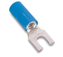 THOMAS & BETTS  RB2213ML               Nylon Insulated Locking Fork Terminal, Length 0.87in, Width 0.25in, Max Insulation 0.162, Bolt Hole #6, Wire Range #18-#14 AWG, Blue, Copper, Tin Plated, On Left Feed Reel Mylar Tape, 1,000 Pack