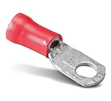 THOMAS & BETTS  RDV717U               Vinyl Insulated Large Ring Terminal with 90 Degree Bend, Length 1.54in, Width 0.46in, Max Insulation 0.340, Bolt Hole 1/4in, Wire Range 8, Red, Copper, Tin Plated