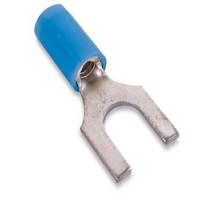THOMAS & BETTS  RB1153M               Nylon Insulated Fork Terminal, Length 0.87in, Width 0.38in, Max Insulation 0.162, Bolt Hole #10, Wire Range #18-#14 AWG, Blue, Copper, Tin Plated, On Mylar Tape