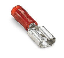 THOMAS & BETTS  RA250M               Nylon Insulated Female Disconnect, Length 0.91in, Width 0.29in, Max Insulation 0.136, Tab Size 0.250x.032, Wire Range #22-#18, Red, Copper, Tin Plated, On Mylar Tape, 1,000 Pack