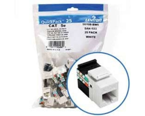 LEVITON  5G108-BW5               GigaMax 5e QuickPort Connector Quickpack, UTP Category 5e, 110 Style Termination, Universal Wiring, White, Pack of 25