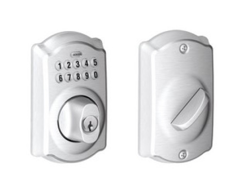 SCHLAGE ALLEGION BRAND  BE365 CAM 626 12-287 10-116        Door Lock Keypad Deadbolt, Camelot, Satin Chrome, With Triple Latch, Round Corner Strike