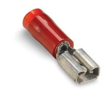 THOMAS & BETTS  RA2577FM               Nylon Insulated Open Top 90 Degree Flag Female Disconnect Terminal, Length 0.80in, Width 0.71in, Max Insulation 0.170, Tab Size 0.250x.032, Wire Range #22-#18 AWG, Red, Copper, Tin Plated, On Mylar Tap