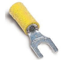 THOMAS & BETTS  10RC-8F               Vinyl-Insulated Fork Terminal, Wire Range #12-#10 AWG, Copper, Tin Plated, Length 1.09 Inches, Width .38 Inches, Maximum Insulation .210, Bolt Hole #8, Yellow