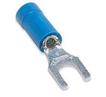 THOMAS & BETTS  RB1157M               Vinyl-Insulated Fork Terminal, Length 0.97in, Width 0.31in, Max Insulation 0.170, Bolt Hole #10, Wire Range #18-#14 AWG, Blue, Copper, Tin Plated, On Mylar Tape, 1,000 Pack