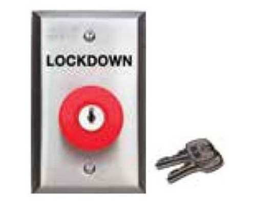 SECURITY DOOR CONTROLS  432KLDUR               Exit Switch, 1-Gang, Latching/Key Reset DPST, Mushroom Head, LOCKDOWN Legend, 6 Ampere at 30 Volt DC, 2-7/8