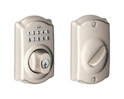 SCHLAGE ALLEGION BRAND  BE365 CAM 619 12-287 10-116        Door Lock Keypad Deadbolt, Camelot Lever, Satin Nickel, With Triple Latch, Round Corner Strike