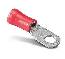 THOMAS & BETTS  RDV727               Vinyl Insulated Large Ring Terminal, Length 1.63in, Width 0.57in, Max Insulation 0.340, Bolt Hole 5/16in, Wire Range 8, Red, Copper, Tin Plated