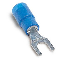 THOMAS & BETTS  RB647-200               Expanded Vinyl Insulated Fork Terminal, Length 0.97in, Width 0.31in, Max Insulation 0.200, Bolt Hole #6, Wire Range #18-#14 AWG, Blue, Copper, Tin Plated, 1,000 Pack