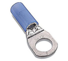 THOMAS & BETTS  RE10261SP               Nylon Insulated Large Ring Terminal, Length 1.55in, Width 0.49in, Max Insulation 0.315, Bolt Hole #10, Wire Range 6AN, Blue, Copper, Silver Plated