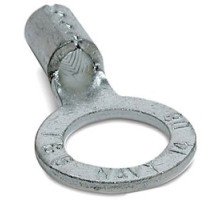 THOMAS & BETTS  D73U               Non-Insulated Large Brazed Seam Ring Terminal with 90 Degree Bend, Length 1.32in, Width 0.59in, Bolt Hole 3/8in, Wire Range #8 AWG, Copper, Tin Plated, 200 Pack