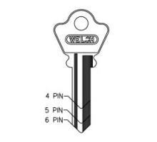 KABA ILCO CORP  1123 NP A04  AL4024100B              Cylinder Lock Key Blank, 5-Pin, Brass, Nickel Plated, 4 Price Group, For Welch