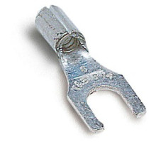 THOMAS & BETTS  B223M               Non-Insulated Locking Fork Terminal, Length 0.75in, Width 0.29in, Bolt Hole #8, Wire Range #18-#14 AWG, Copper, Tin Plated, On Mylar Tape, 1,000 Pack