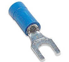 THOMAS & BETTS  RB657M               Vinyl Insulated Fork Terminal, Length 0.97in, Width 0.31in, Max Insulation 0.170, Bolt Hole #8, Wire Range #18-#14 AWG, Blue, Copper, Tin Plated, On Mylar Tape, 1,000 Pack