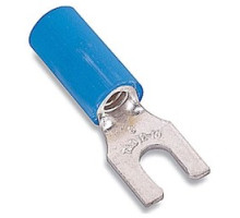 THOMAS & BETTS  RB2214M               Nylon Insulated Locking Fork Terminal, Length 0.95in, Width 0.25in, Max Insulation 0.162, Bolt Hole #6, Wire Range #18-#14 AWG, Blue, Copper, Tin Plated, On Mylar Tape, 1,000 Pack