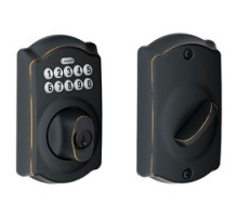 SCHLAGE ALLEGION BRAND  BE365 CAM 716 12-287 10-116        Door Lock Keypad Deadbolt, Camelot Lever, Aged Bronze, With Triple Latch, Round Corner Strike