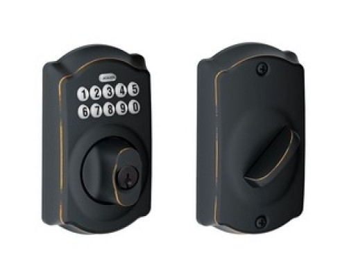 SCHLAGE ALLEGION BRAND  BE365 CAM 716 12-287 10-116        Door Lock Keypad Deadbolt, Camelot Lever, Aged Bronze, With Triple Latch, Round Corner Strike