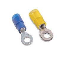 THOMAS & BETTS  RC364M               Nylon Insulated Expanded Entry Ring Terminal, Length 1.10in, Width 0.37in, Max Insulation 0.250, Bolt Hole #10, Wire Range #12-#10 AWG, Yellow, Copper, Tin Plated, On Mylar Tape, 500 Pack